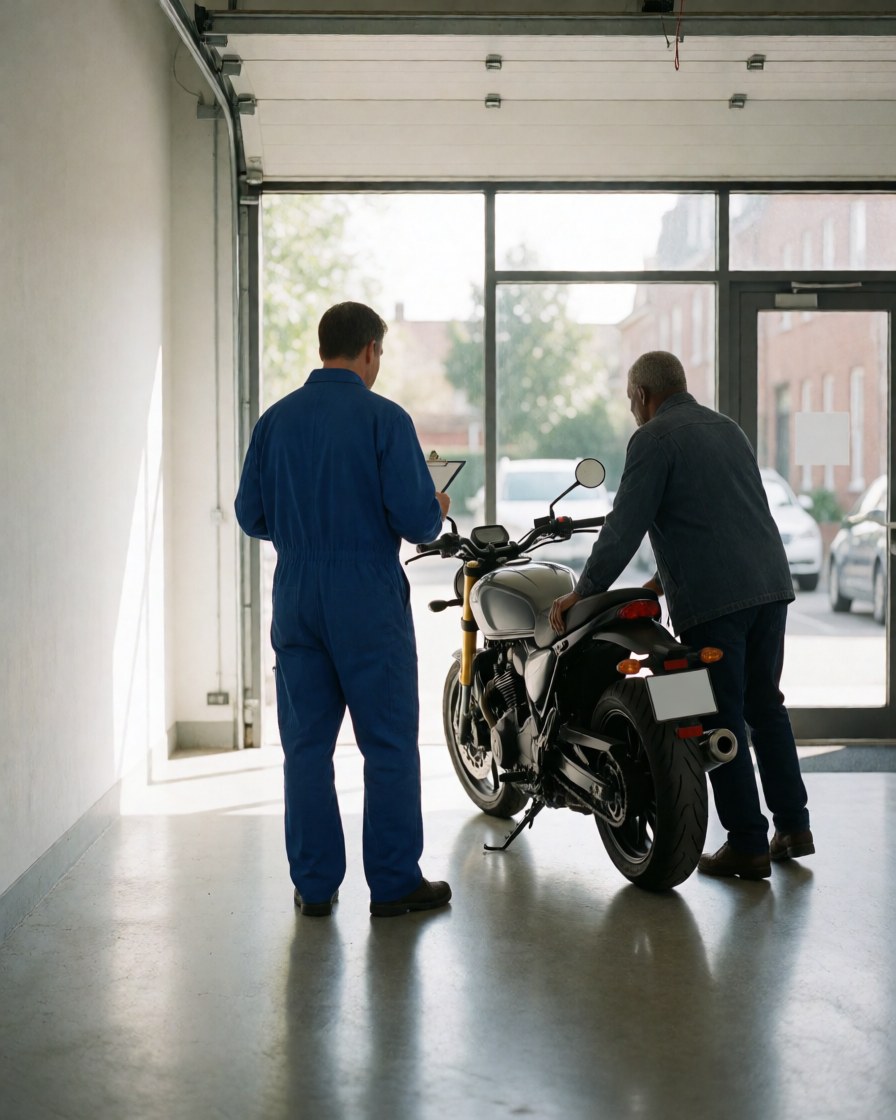A happy customer stands with a modern motorcycle in a professional garage while a mechanic in a blue jumpsuit inspects the bike under natural light.