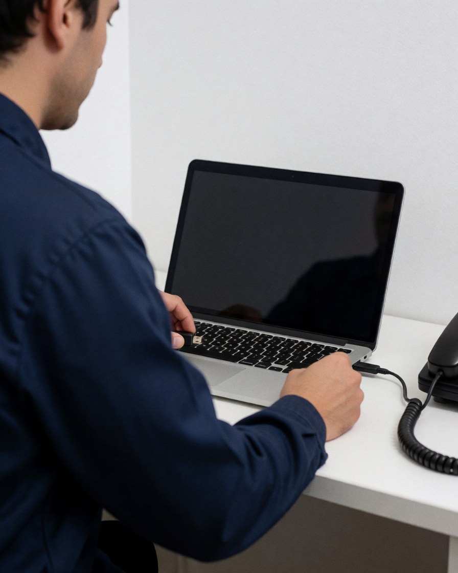 Technician inserting USB drive into laptop on white table during computer repair service