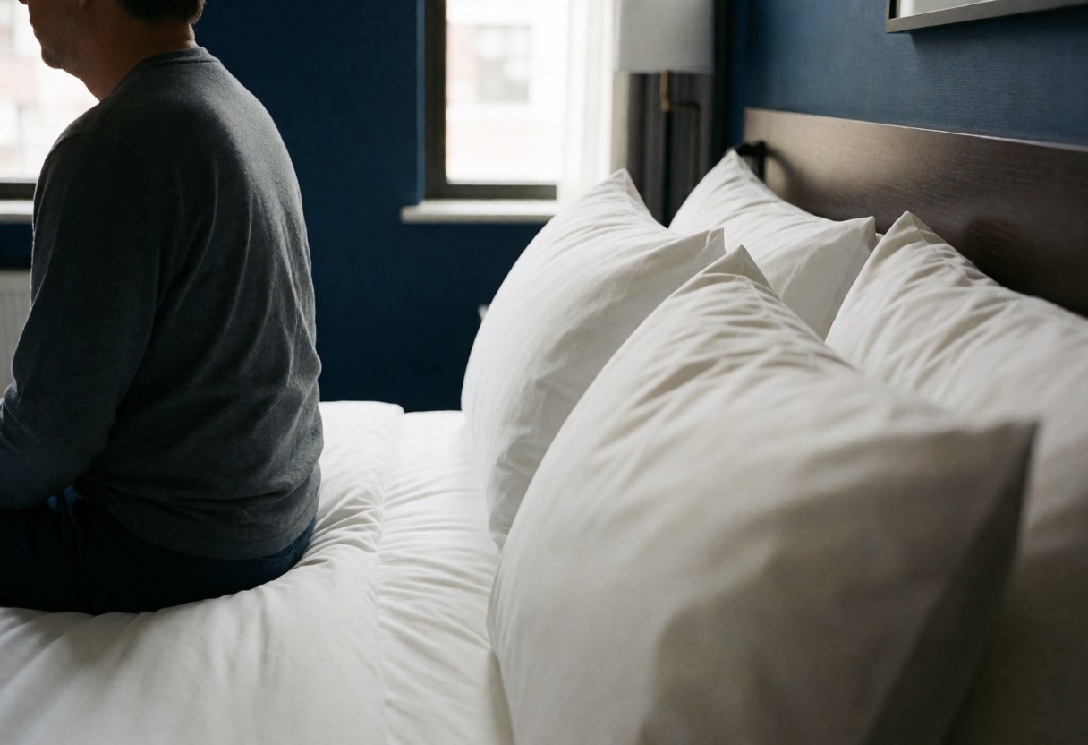 A person sitting on a bed with white pillows in an apartment hotel room featuring blue walls and natural light from a large window