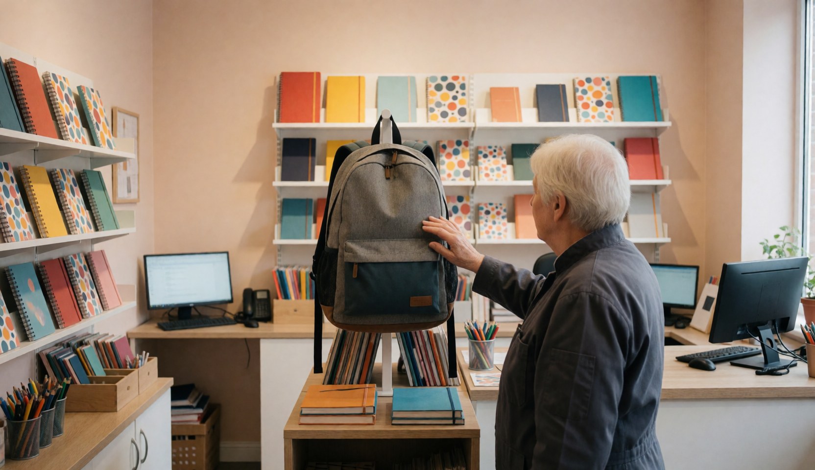 A customer touches a gray backpack in a stationery store with colorful notebook shelves and beige walls.