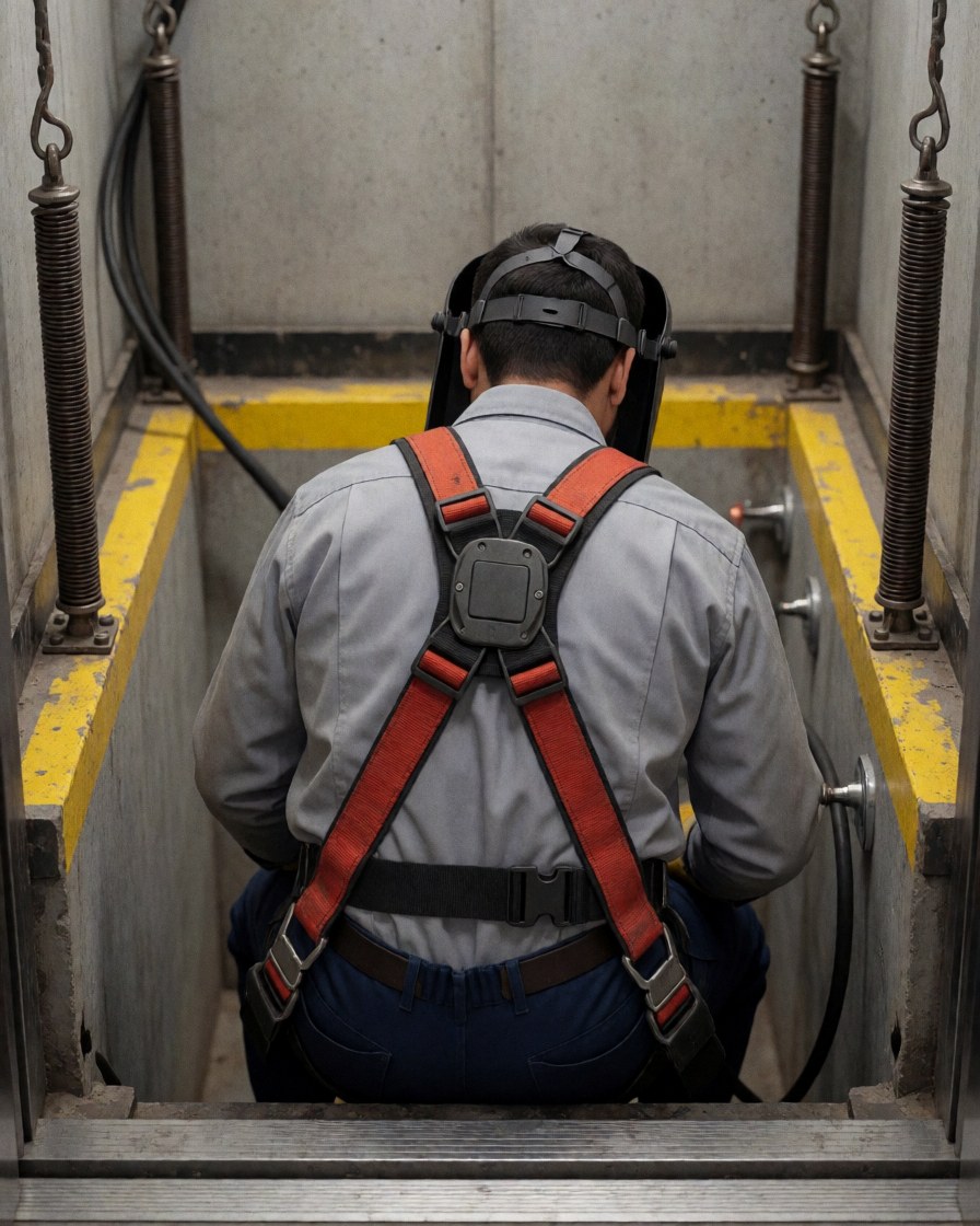 Technician with safety harness inspecting shock absorber springs in elevator pit with concrete walls and yellow stripes