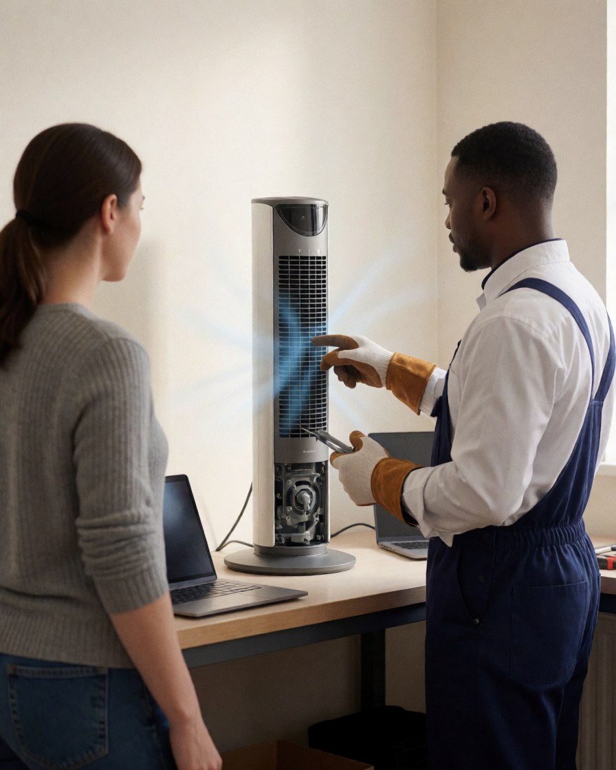 Technician wearing gloves displays air blowing from a repaired tower fan to a customer in a repair workshop.