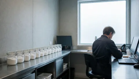 Professional working with jars of white powder, laptop, and natural light in a preparation area for chemical peel services