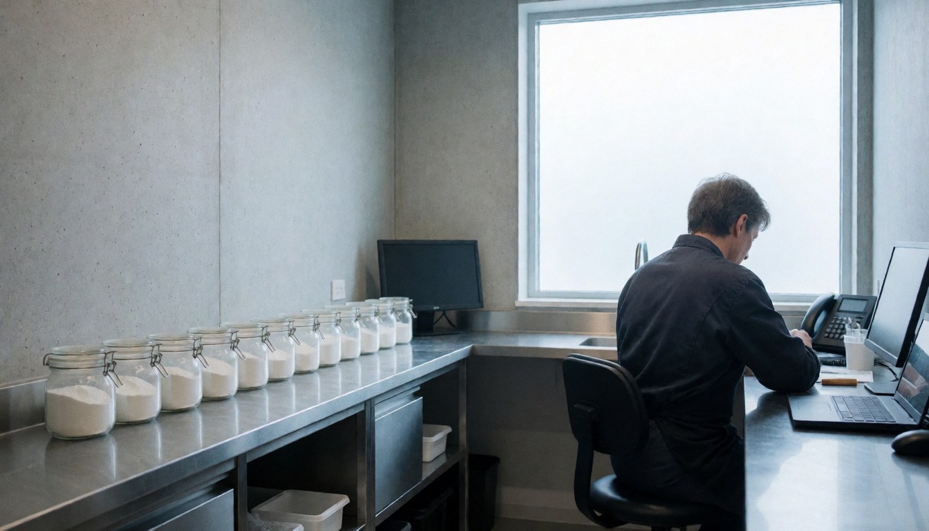 Professional working with jars of white powder, laptop, and natural light in a preparation area for chemical peel services