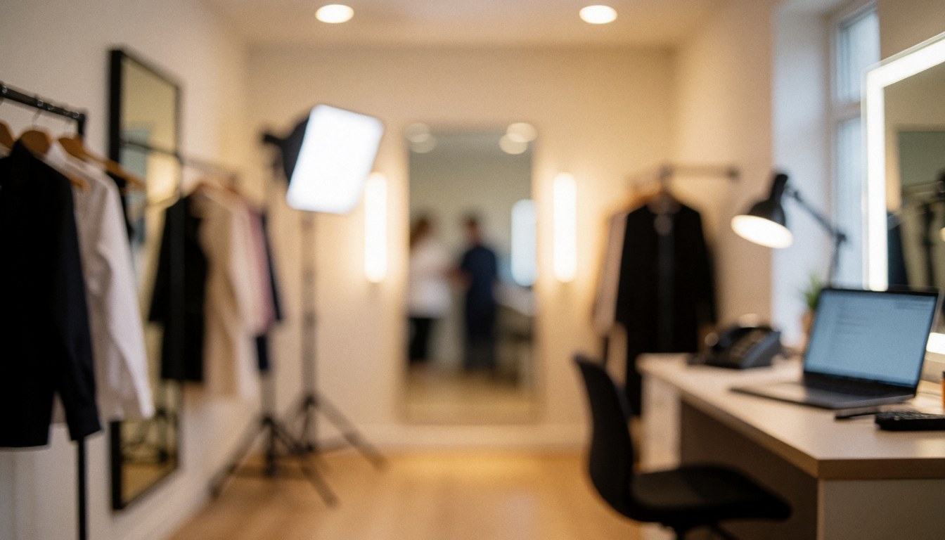 Fashion studio backdrop featuring hanging clothes, mirrors, and professional lights, ideal for text overlays on styling services.
