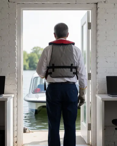A man wearing a life jacket stands in an open doorway looking at a boat with a glass background and white brick walls.