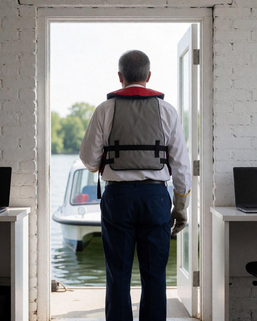 A man wearing a life jacket stands in an open doorway looking at a boat with a glass background and white brick walls.