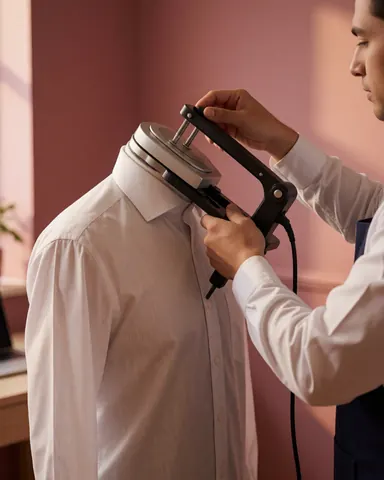 A professional tailor uses a collar press on a formal shirt in a sewing workshop with dusty rose walls and warm natural lighting