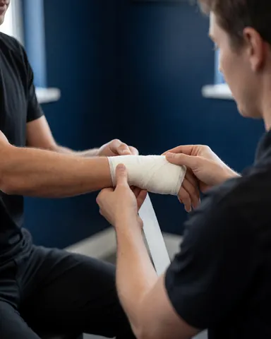 A boxing instructor wraps a client's hands with white bandages in a gym with blue walls.