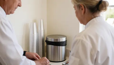 Two pool employees in white uniforms organize plastic buckets and a metal trash bin in a clean, well-lit area.