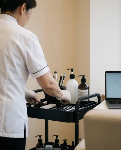 Therapist in white uniform organizing a cart with facial cleansing products and tools in a beige salon.