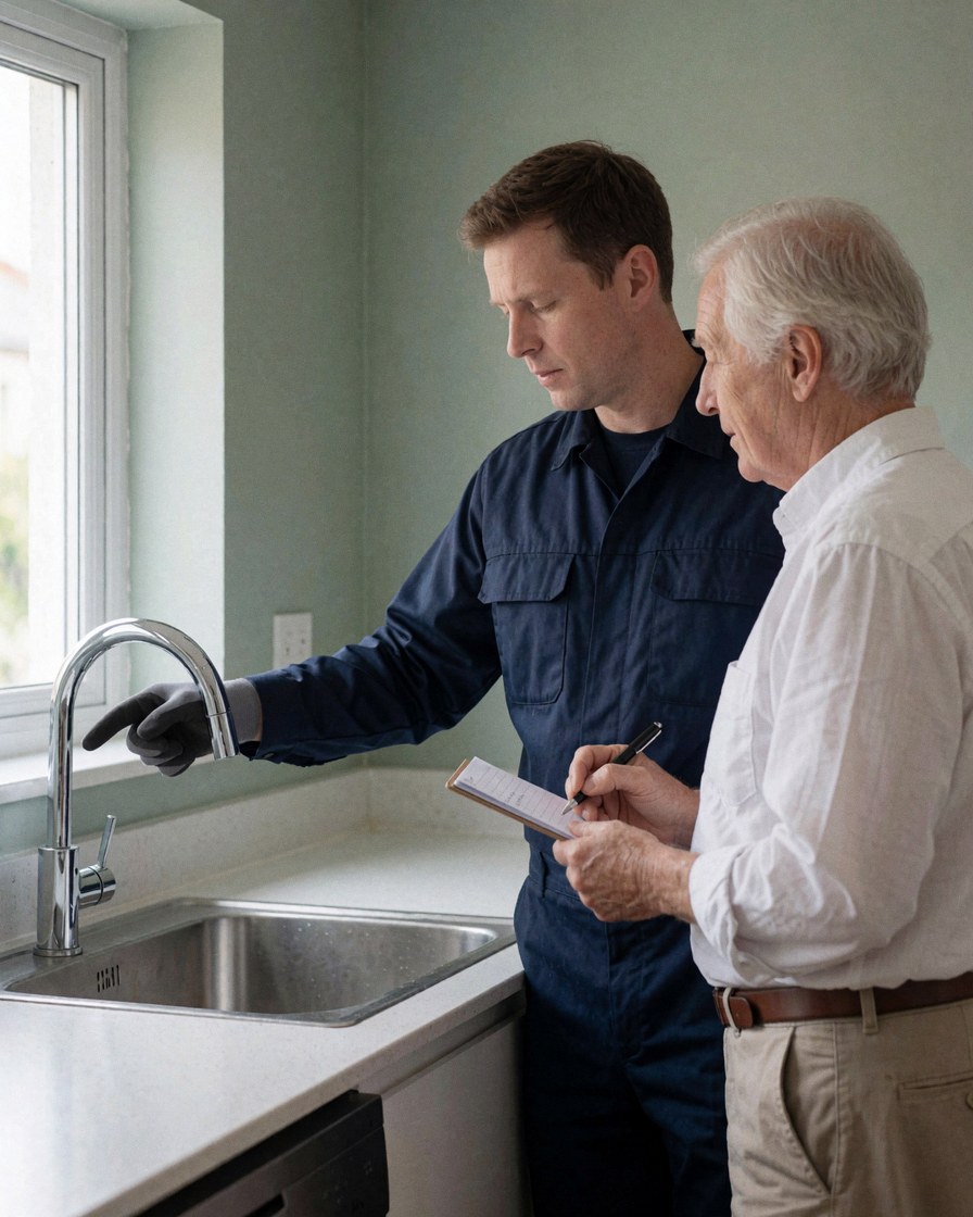 Plumber in blue uniform displays chrome faucet to customer taking notes in kitchen with green walls