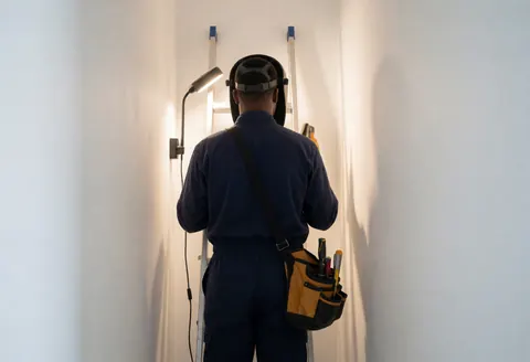 Back view of a wall repairer carrying a ladder and tool bag down a narrow white hallway lit by a work light.