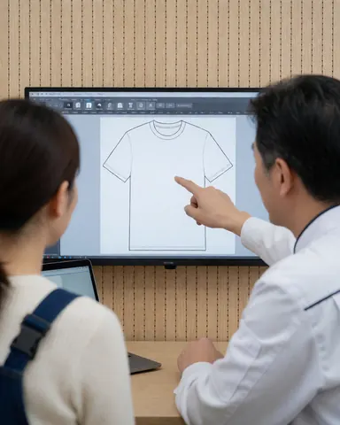 A consultant points to a t-shirt design displayed on a computer screen during a consultation.