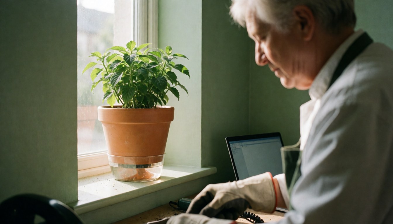 A self-regulating potted plant on a window sill with natural light, a person working at a desk with a laptop, green walls, ideal for a pottery workshop.