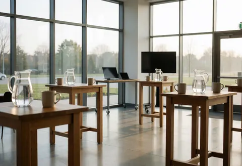 Modern lobby featuring wooden tables, water pitchers, mugs, floor-to-ceiling windows, and polished floors suitable for corporate events