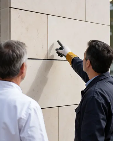 A satisfied client examines the stone cladding finish on an exterior wall while a worker points out specific details of the construction work.