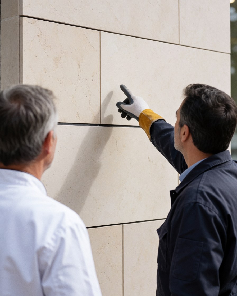 A satisfied client examines the stone cladding finish on an exterior wall while a worker points out specific details of the construction work.
