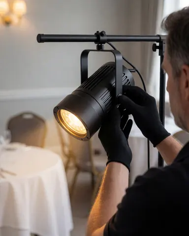 Technician adjusting a black LED par spotlight at a formal banquet with white tables and light gray walls.