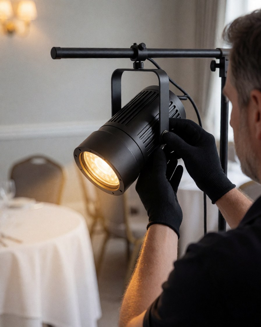 Technician adjusting a black LED par spotlight at a formal banquet with white tables and light gray walls.