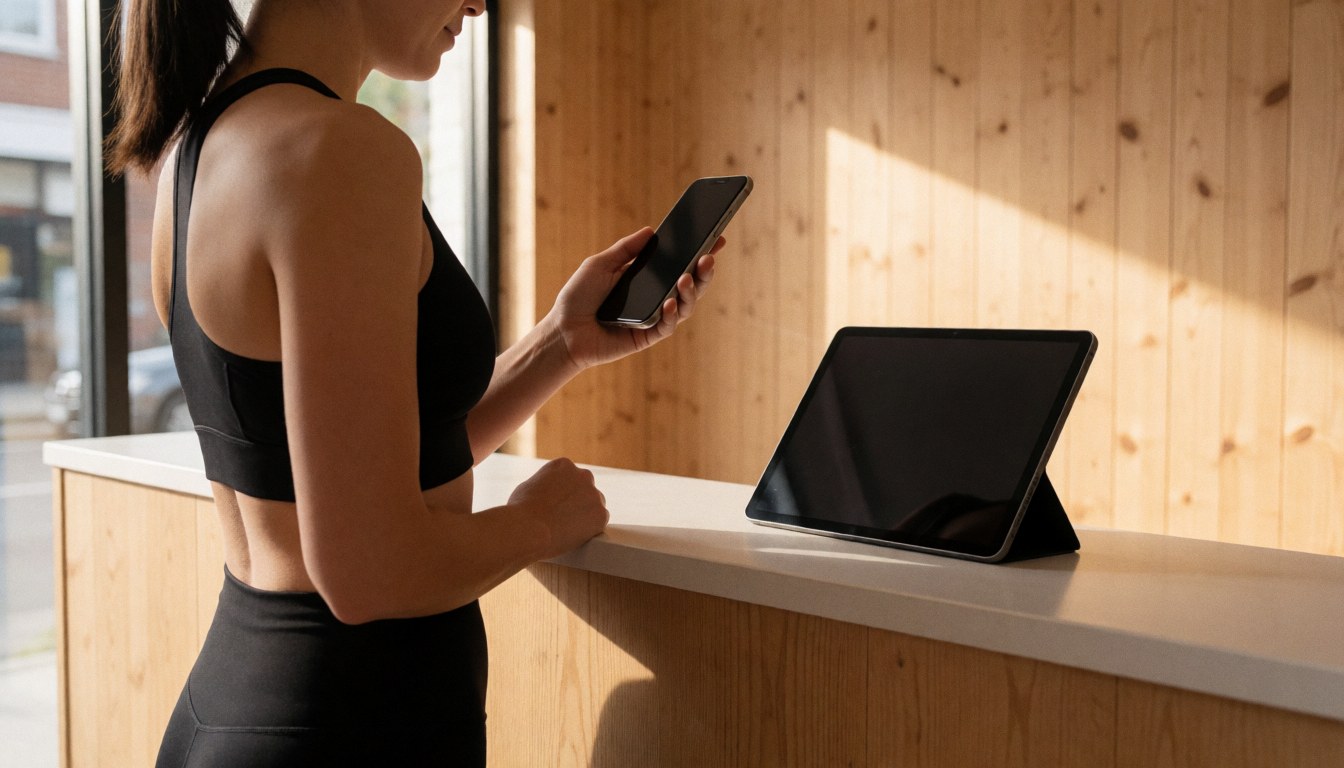Woman in sportswear using a smartphone at a gym reception desk with wooden walls and natural light