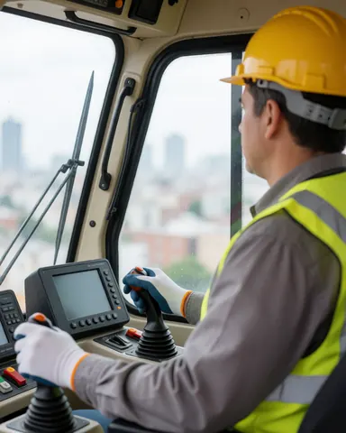 Crane operator wearing helmet and reflective vest controls levers from cabin with city view