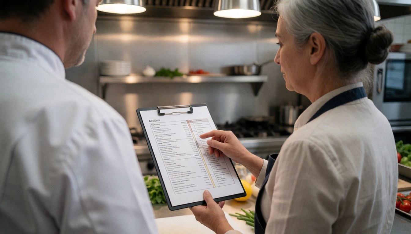 A wedding planner reviews a menu with a chef in a stainless steel kitchen with fresh ingredients and bright lighting.