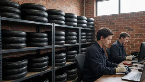 Two technicians working on tire repair with tire tubes on shelves and computers in an office with brick walls.
