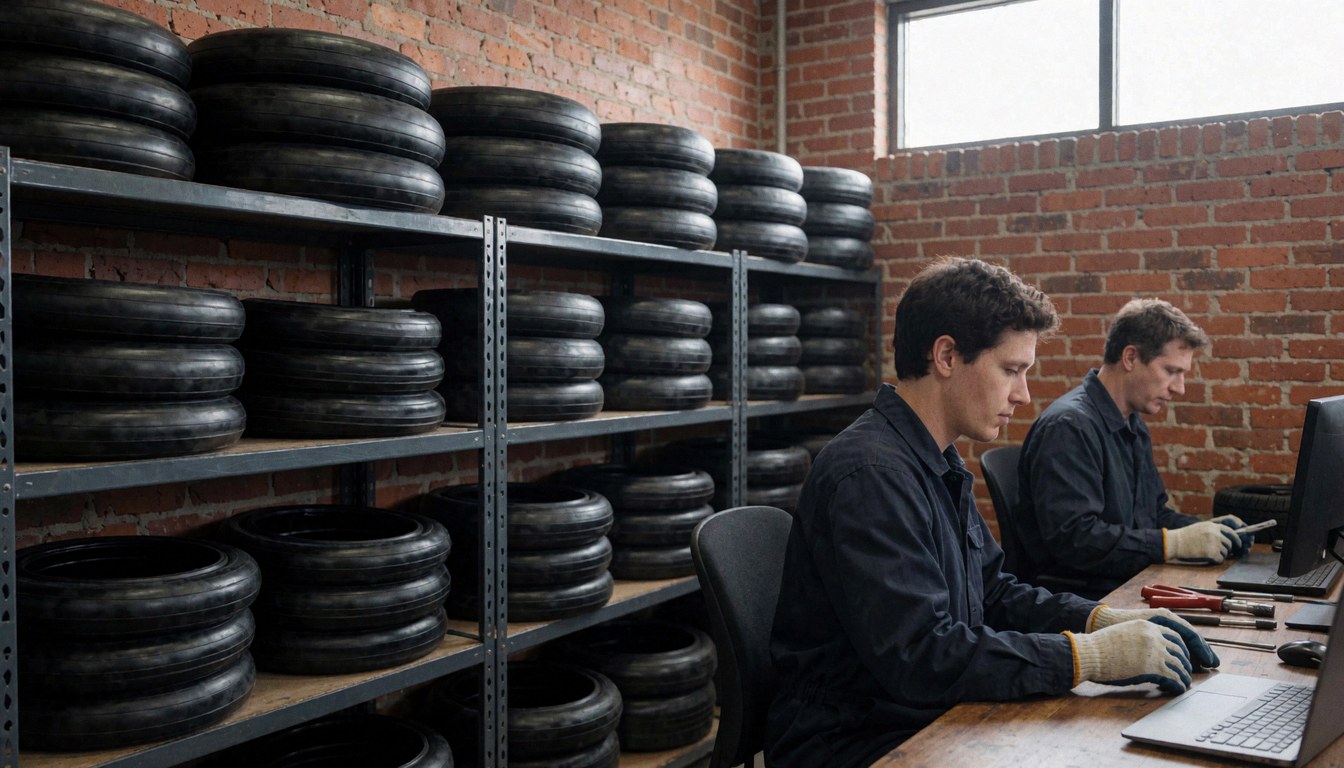 Two technicians working on tire repair with tire tubes on shelves and computers in an office with brick walls.