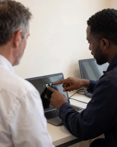 Technician displays a repaired HDMI cable to a client in a clean workshop with white walls and an open laptop.