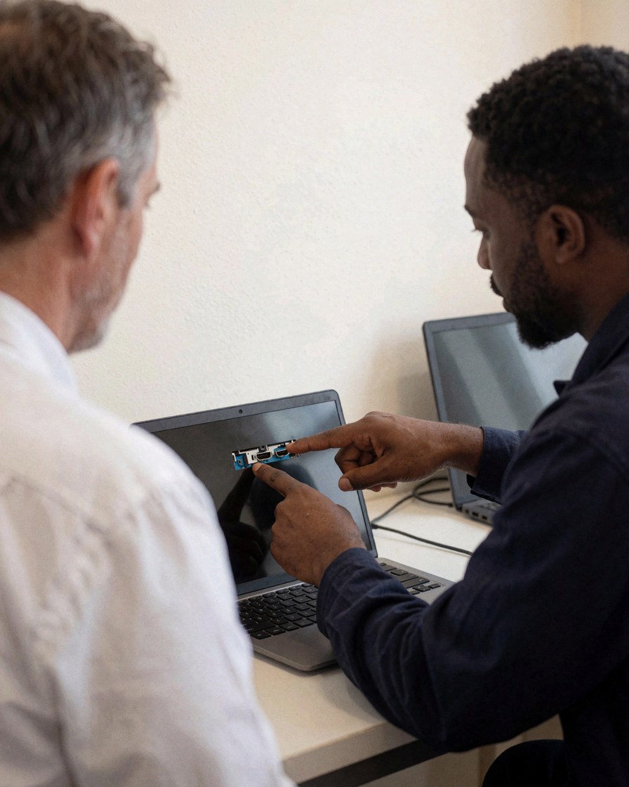 Technician displays a repaired HDMI cable to a client in a clean workshop with white walls and an open laptop.