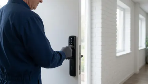 Technician adjusting a digital lock on a modern white door with a brick wall background and bright natural light.