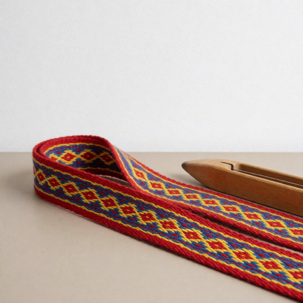 Woven belt with red, yellow, and blue geometric patterns on a beige surface next to a wooden tool for craft workshops