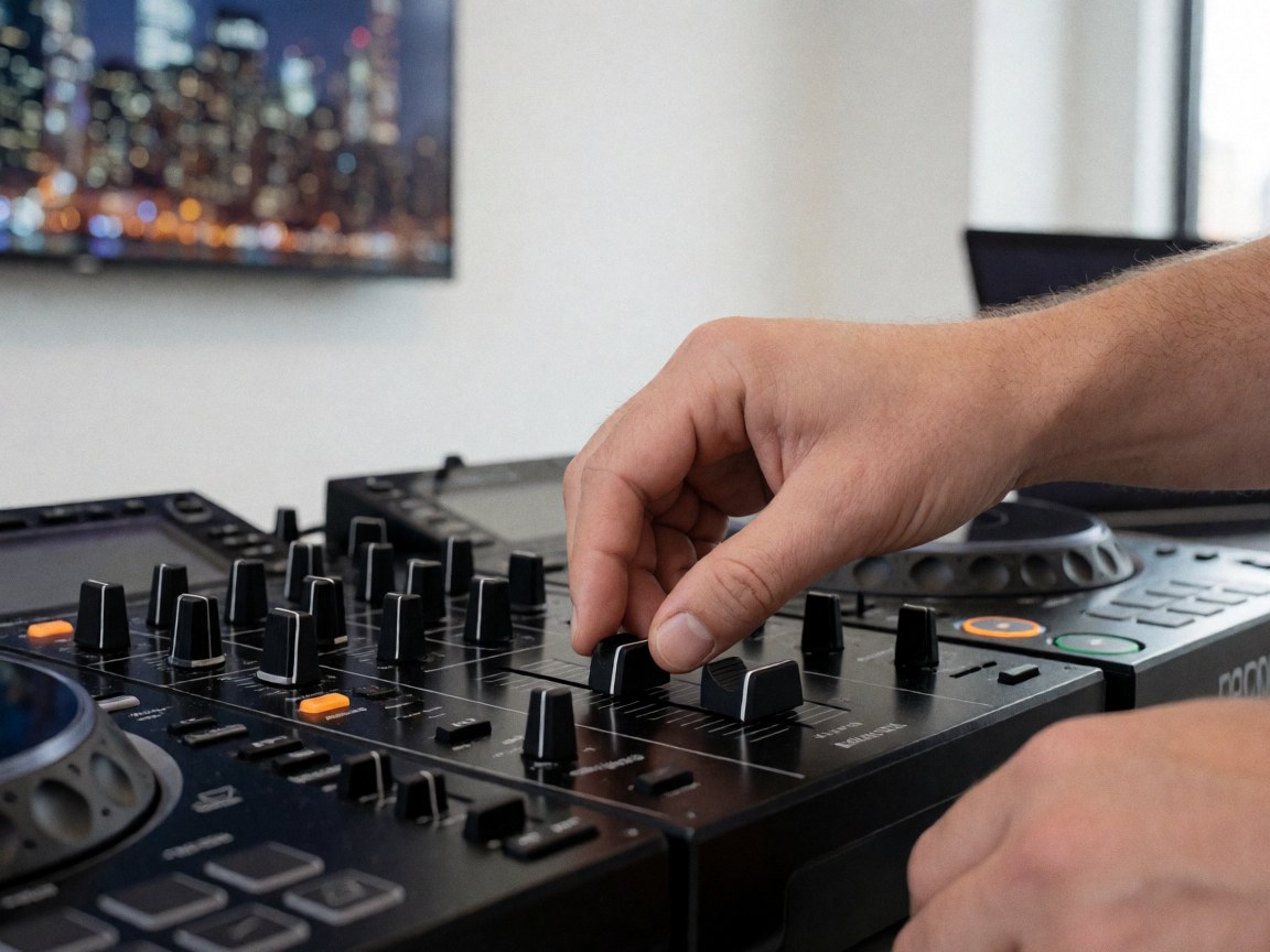 Close-up of a hand adjusting a slider on a professional dj mixer with a blurred city night background and white walls.