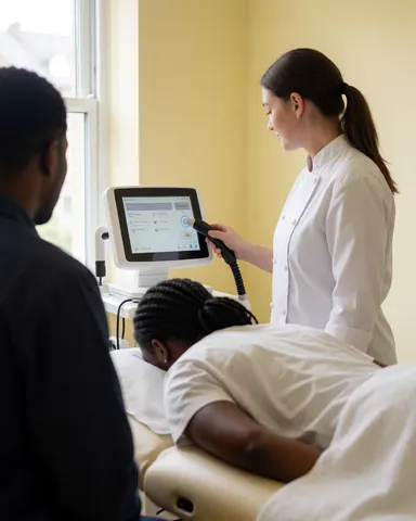 Professional adjusting control panel while client rests on treatment table in bright room with yellow walls