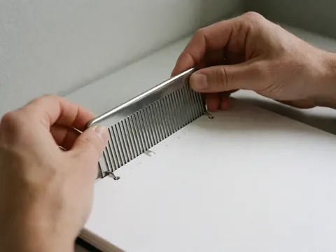 Close-up of a metal comb being inserted into a white perforated document for binding, showing graphic printing details against a gray background with soft lighting.