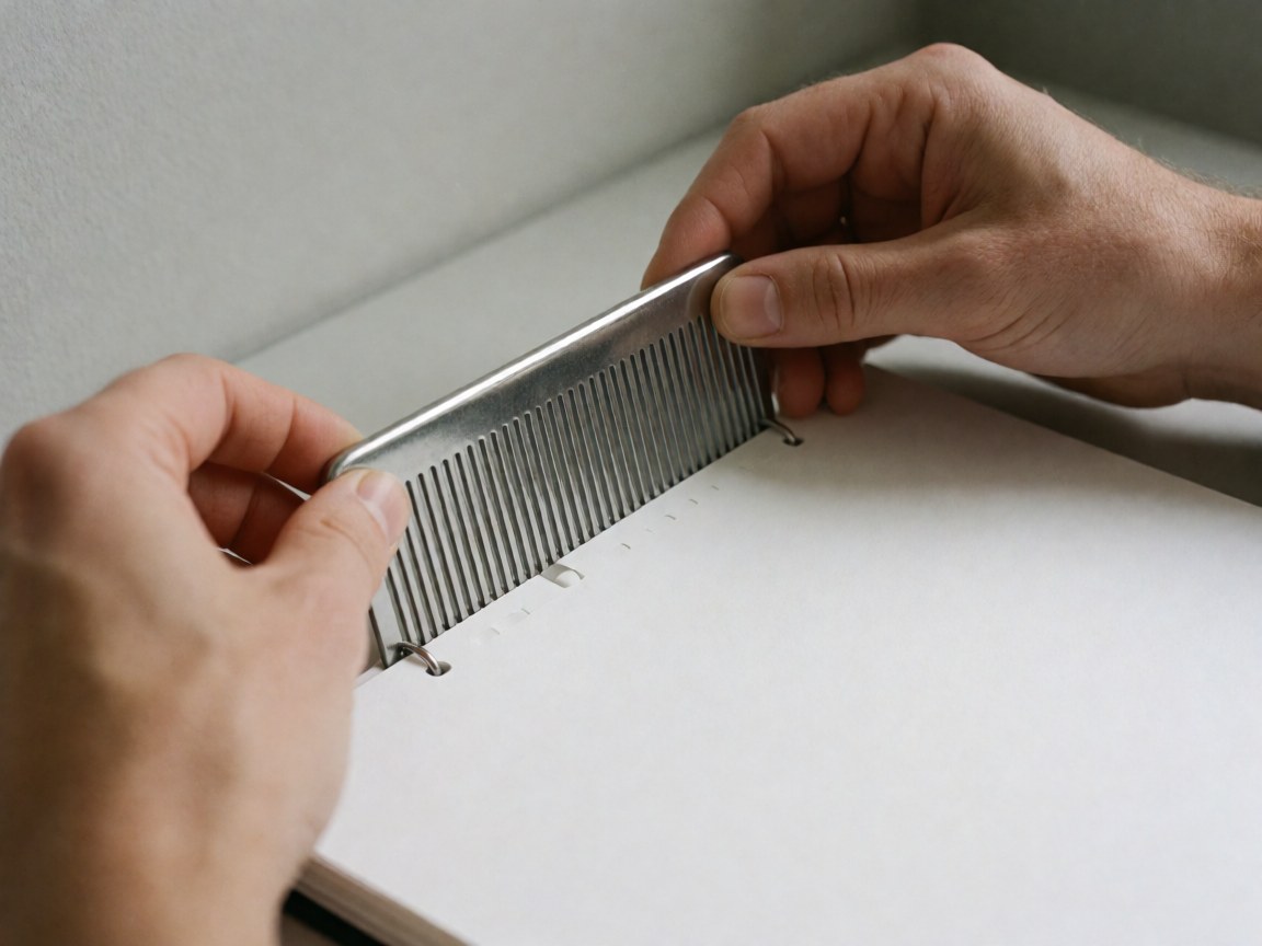 Close-up of a metal comb being inserted into a white perforated document for binding, showing graphic printing details against a gray background with soft lighting.