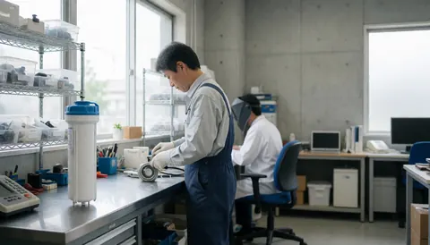 Technician in uniform repairing a water filter in a modern workshop with shelves and natural light.