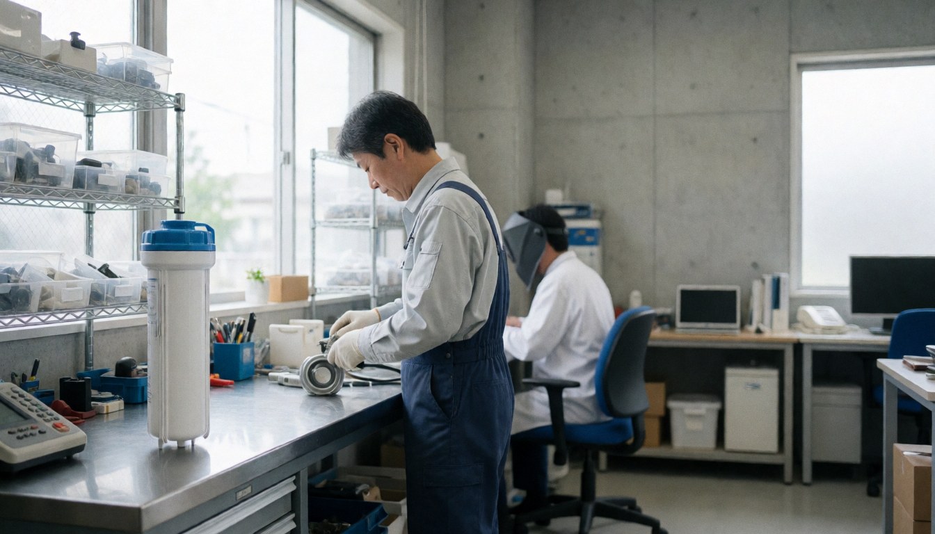 Technician in uniform repairing a water filter in a modern workshop with shelves and natural light.