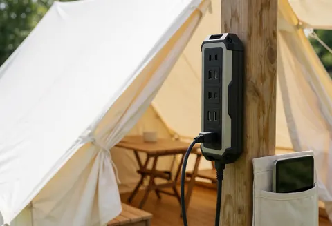 Electric charger with connected cable on a wooden post near a tent with table and chairs for outdoor camping use