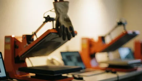 Thermal printing machines with work gloves and laptops, ideal for commercial text on a design workshop background.