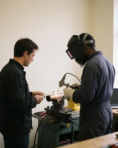 A welder wearing a helmet and gloves works on a metal pipe while a client inspects the work in a white-walled workshop.