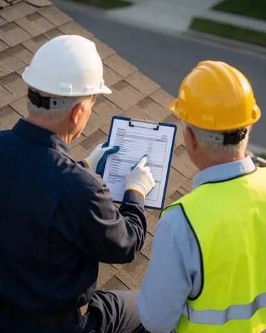 Two workers wearing helmets and gloves check a repair form on a residential roof with visible shingles and a street in the background.