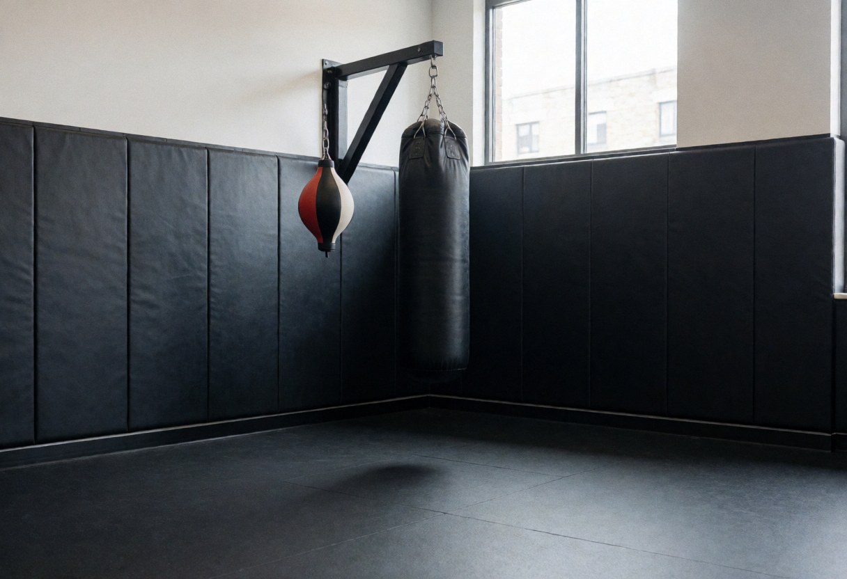 Corner of a boxing gym featuring a heavy bag and speed bag, padded walls, and rubber flooring for professional training.