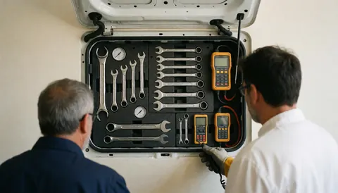 Two professionals reviewing gas detection tools inside a clean, white vehicle service compartment.