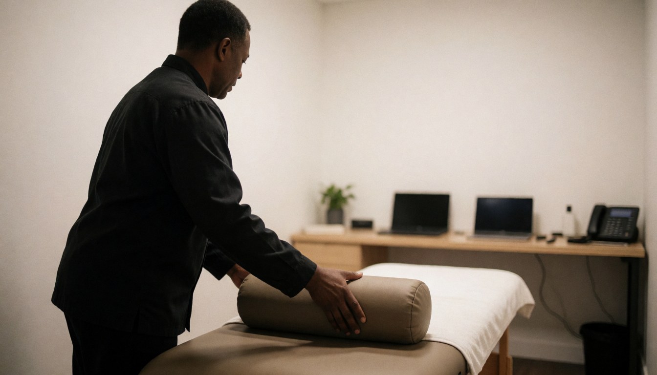 Therapist arranging a rolled massage towel on a treatment table in a clean room with white walls and warm lighting, preparing the space for deep tissue massage.