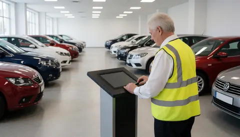 Valet wearing a reflective vest attending to customers at a car dealership with parked cars and a touch screen display.