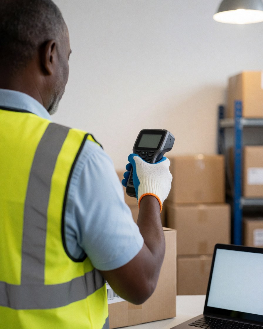A logistics worker scans a barcode on a package using a handheld scanner in a warehouse with shelves and a laptop.