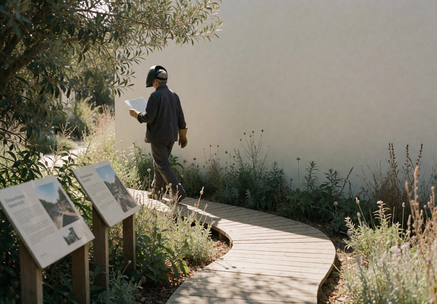 Person walking on a curved wooden boardwalk in a zoo holding a map with informational signs and a warm white wall nearby