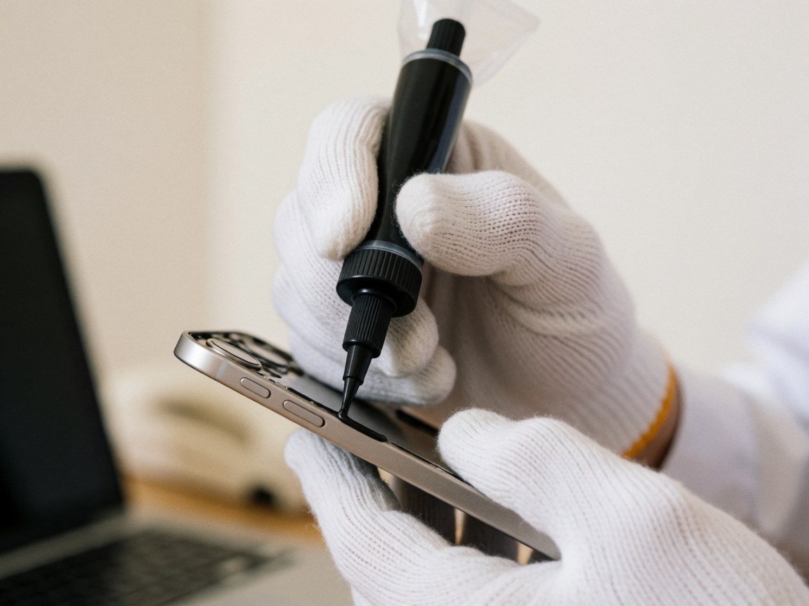 Close-up of a gloved hand applying black adhesive to the edge of a smartphone against a white wall